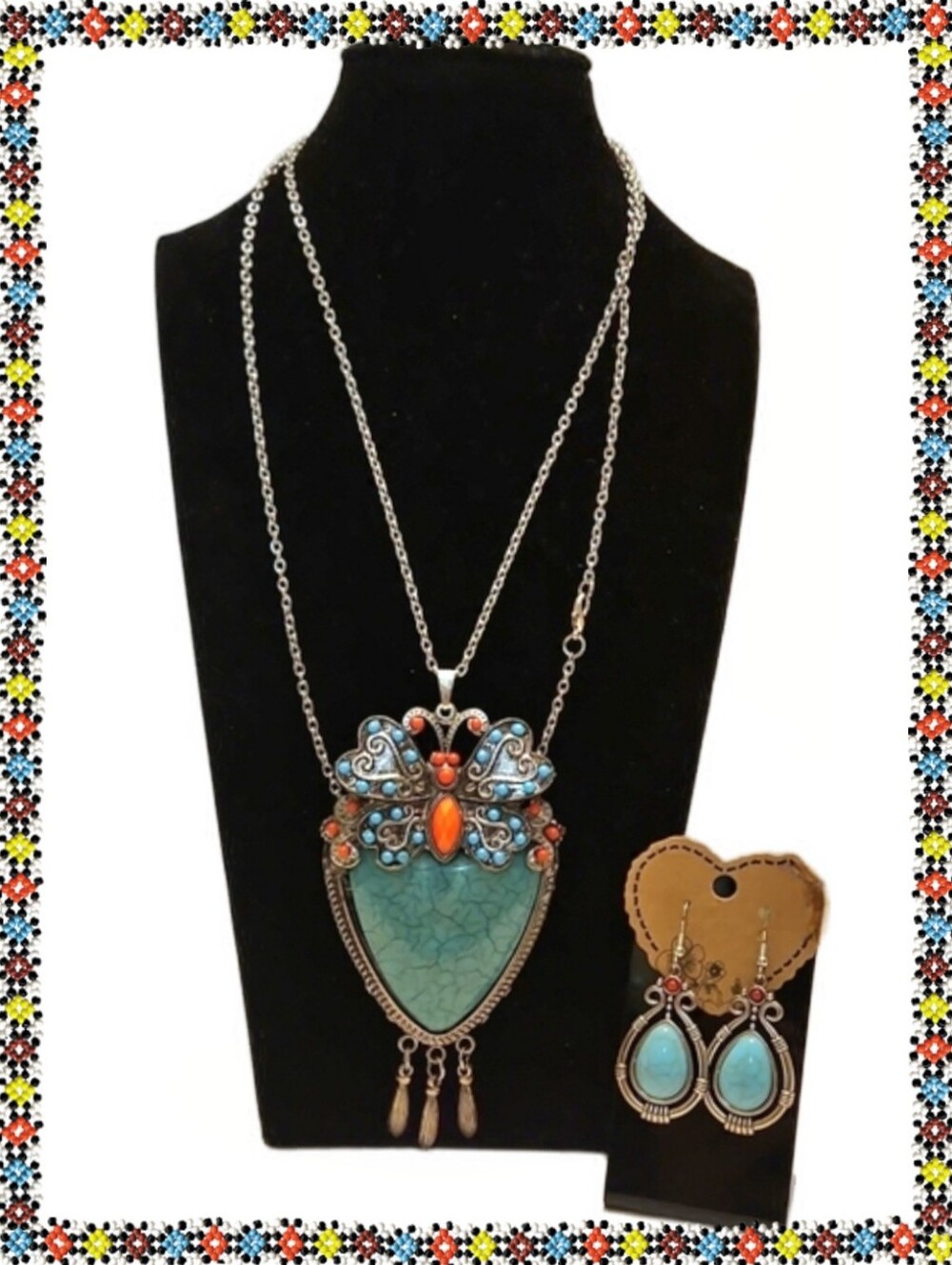 Turquoise and Coral Silver Tone Statement Necklace and Earring Set